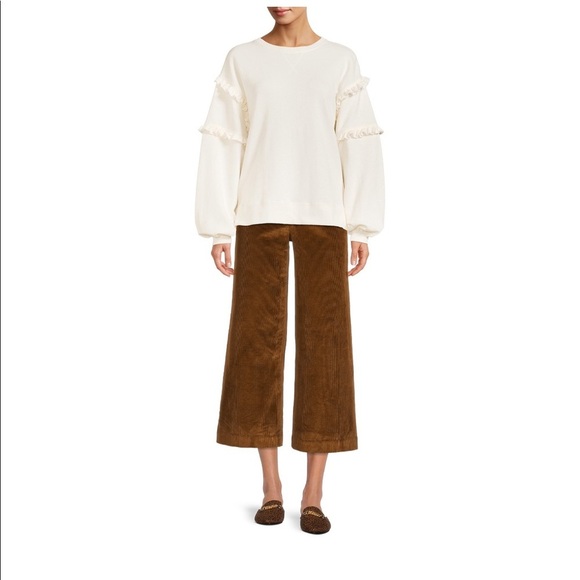 Long Sleeve Pullover Ruffles Crew Neck Drop Shoulder Sweatshirt - Picture 3 of 7